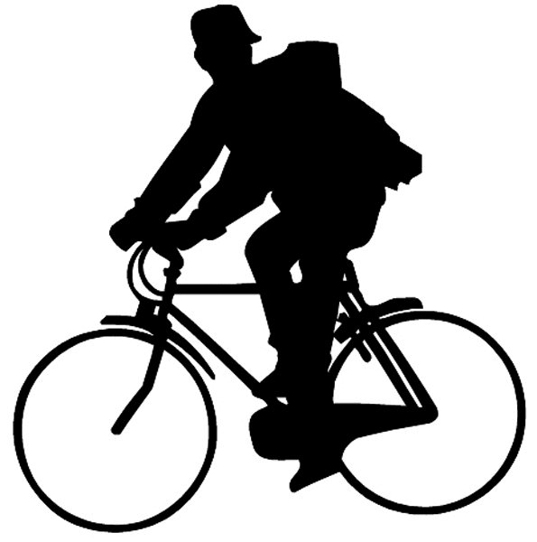 Bicycle rider with backpack in silhouette vinyl sticker. Customize on line.       Bicycles Motorcycles 009-0079  